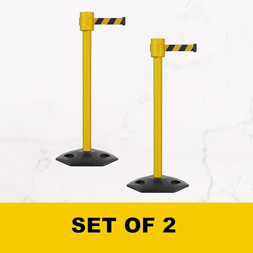 Montour Line MSR760 Set of 2 Retractable Belt Barrier Stanchion, Rubber Base, Yellow Post (35 ft Yellow with"ESD Protected Area" Black Letter ESD Logo Belt)