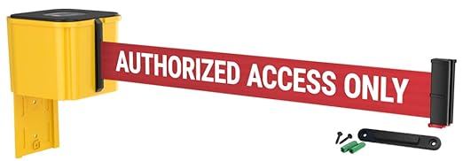 WM412 Retractable Belt Wall Mounted Yellow Crowd Control Barrier and Receiving End, 30' Authorized Access Only Belt
