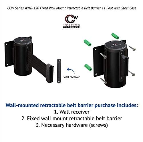 Crowd Control Warehouse - CCW Series WMB-120 Fixed Wall Mount Retractable Belt Barrier - 11 Foot, Blue & White Diagonal Stripes Belt with Black Steel Case, Crowd Control Barriers