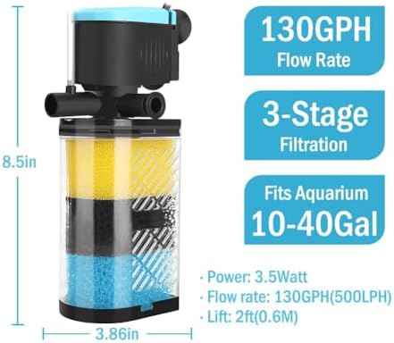 Aquarium Filters – 3-Stage Aquarium Filter in-Tank Filter Internal Filter Fish Tank Filter Turtle Filter for 10-40 Gallon Fish Tanks with Dual Water Outlet and Aeration