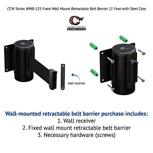 Crowd Control Warehouse - CCW Series WMB-125 Fixed Wall Mount Retractable Belt Barrier - 11 Foot, Black & Orange Diagonal Stripes Belt with Black Steel Case