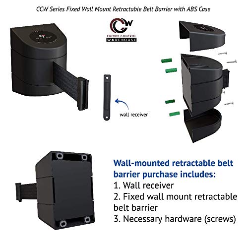 Crowd Control Warehouse - CCW Series WMB-220 Fixed Wall Mount Retractable Belt Barrier - 15 Foot, Dark Grey Belt with Black ABS Case