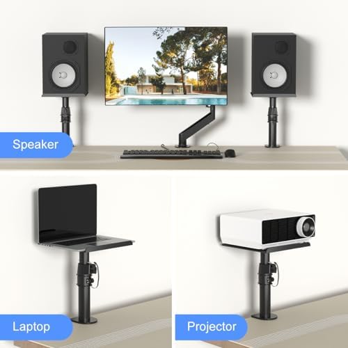 suptek Clamp-on Speaker Stand Desk Mount Set, Height Adjustment, Tilt, Swivel, 9.6 x 8.8 inch Trays, Universal Audio Holders for Computer and Bookshelf Speakers, Elevated Sound, 2 Pack, Black, SDM001B