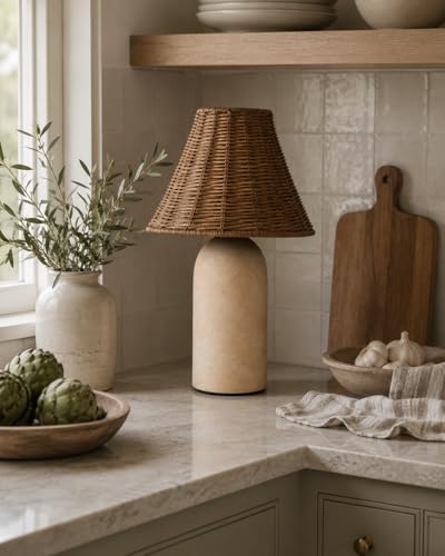 14" Small Mini Wicker Table Lamp – Handmade Ceramic Base with Rattan Shade, Dimmable Nightstand or Accent Light for Nursey, Kitchen Counter, Small Spaces, Bookshelf, Nightstand – Boho Decor