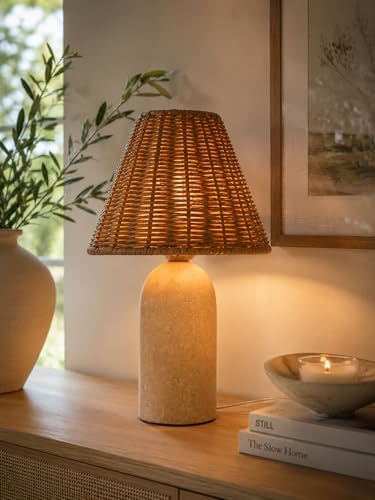 14" Small Mini Wicker Table Lamp – Handmade Ceramic Base with Rattan Shade, Dimmable Nightstand or Accent Light for Nursey, Kitchen Counter, Small Spaces, Bookshelf, Nightstand – Boho Decor