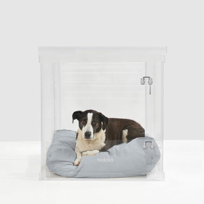 Clear Acrylic Medium Dog Crate Furniture with Charcoal Cushion for Medium Dogs up to 40 lbs, 3 in 1 Pet Crate and Gate, Modern Furniture Style Indoor Kennel, Dual Silver Latch, 20 x 30 x 22 in