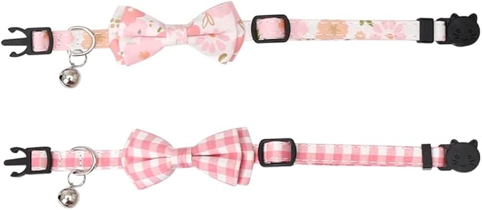 2 Pack/Set Cat Collar Breakaway with Cute Bow Tie and Bell Plaid Flower for Kitty Adjustable Safety