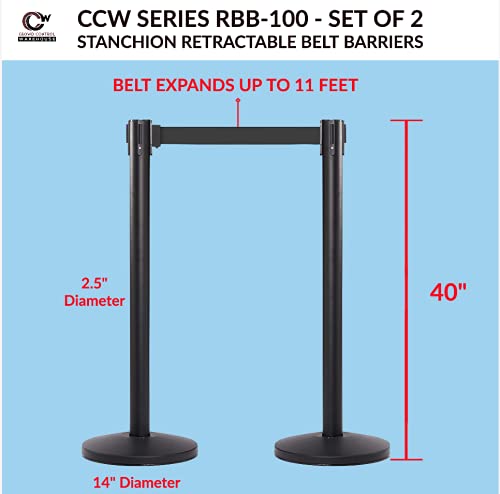 CCW Series RBB-100 - Set of 2 Stanchion Retractable Belt Barriers (9 Foot Belt, Yellow with"Caution - Wet Floor" Black Letters Belt with Polished Brass Post)