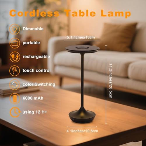 Cordless Rechargeable Table Lamps, Portable 6000mAh Battery Desk Lamp Waterproof 3 Color Stepless Dimming Black LED Table Light for Outdoor/Dinning/Patio/Restaurant (2Pack)