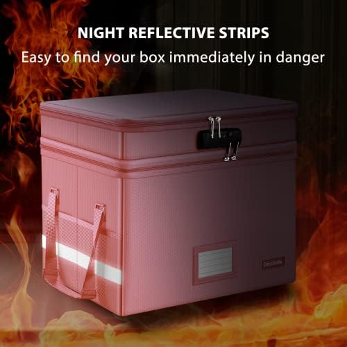 DocSafe File Box with Lock,Multi-Layer Fireproof Document Box Collapsible File Storage Organizer with Pockets/Handle,Large Portable Home Office Filing Safe for Hanging Letter/Legal Size Folders,Pink