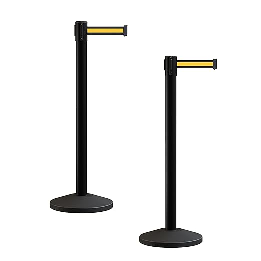 Crowd Control Warehouse CCW Series RBB-100 - Set of 2 Stanchion Retractable Belt Barriers - 7.5 Foot, Black Yellow Horizontal Stripe Belt with Black Post - Easy Assembly