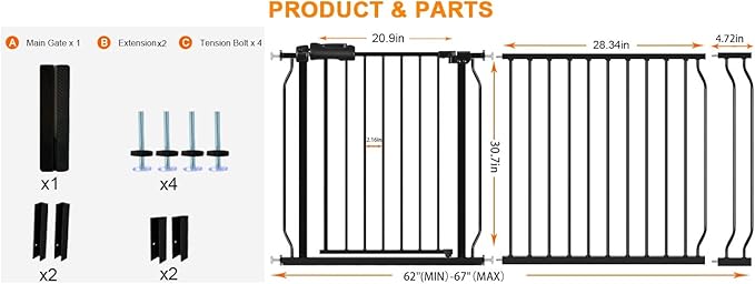 HOOEN 30" Tall Extra Wide Baby Gate for Doorways Stairs 62 to 67 Inch Large Long Pressure Monuted Dog Gate Black Tension Baby Gate Walk Through Safety Gate for Kids or Pets