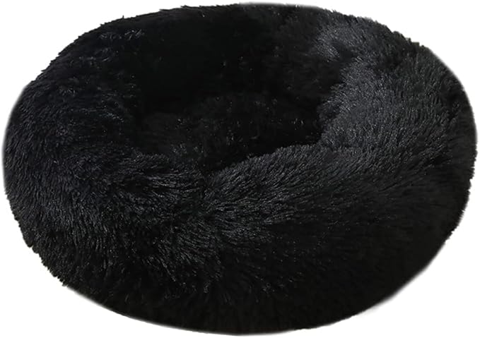Calming Faux Fur Dog Beds Calming Donut Cuddler Dog Bed Washable Round Cat Bed Pillow Cuddler Fluffy Indoor Dog Calming Beds with Anti Slip Bottom Solid Color Black 35 Inch