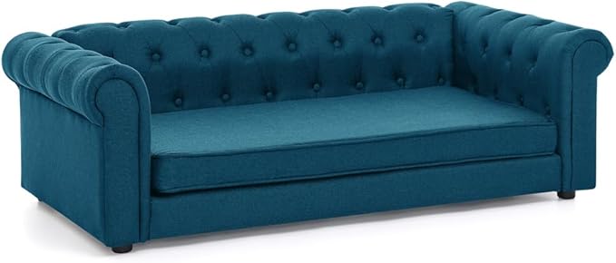 55" Elevated Dog Sofa Couch for Large and Oversized Dogs, Comfortable Linen Fabric Pet Bed with Thick Cushion, Durable Raised Dog Couch with Tufted Armrests, Stylish Modern Pet Furniture