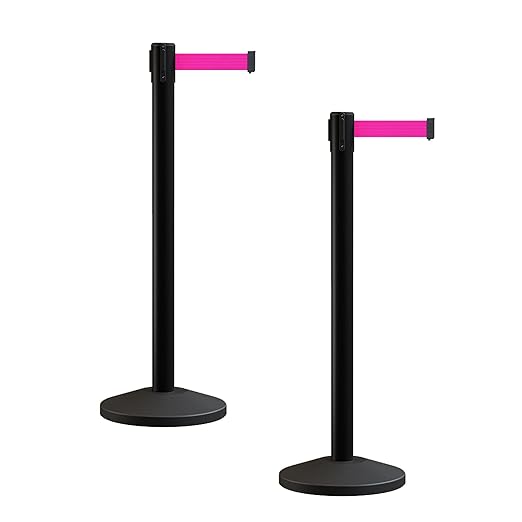 Crowd Control Warehouse CCW Series RBB-100 - Set of 2 Stanchion Retractable Belt Barriers - 7.5 Foot, Fluorescent Pink Belt with Black Post - Easy Assembly