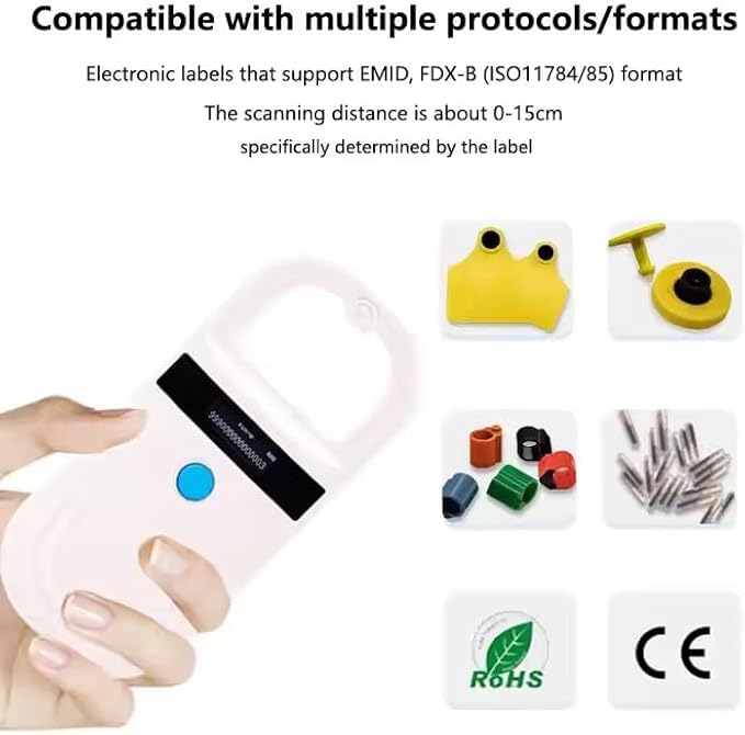Pet Microchip Scanner ISO11784/85/FDX-B/EMID Animal Handheld Reader,134.2kHz Pet ID Scanner Rechargeable Animal Chip Registration, for Dog/Cat/Pig/Animal (BT White)