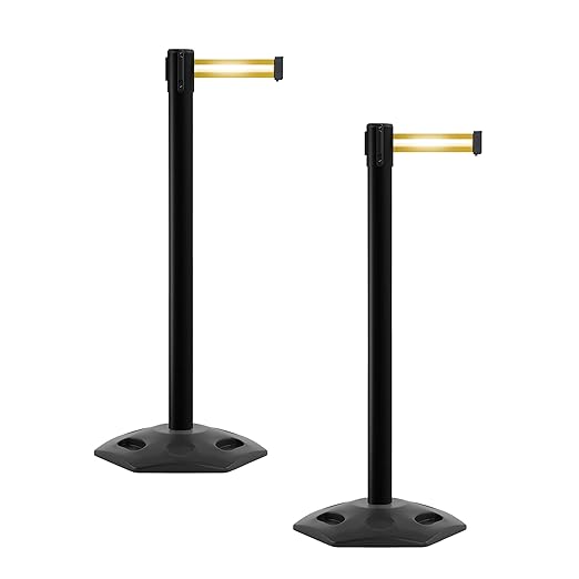 Crowd Control Warehouse CCW Series WBB-200 - Set of 2 Stanchion Retractable Belt Barriers - 11 Foot, Yellow with Horizontal Reflective Stripe Belt with Black Post - Easy Assembly