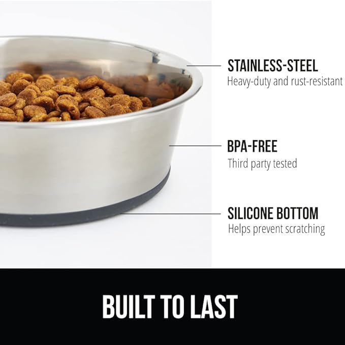 GORILLA GRIP Dog Bowls, Holds 2 Cups Each (16 fl oz), Heavy Duty Stainless Steel Food and Water Bowl for Feeding Dogs and Cats, Dishwasher Safe, Rust Resistant, BPA Free Rubber Base, Set of 2 Gray