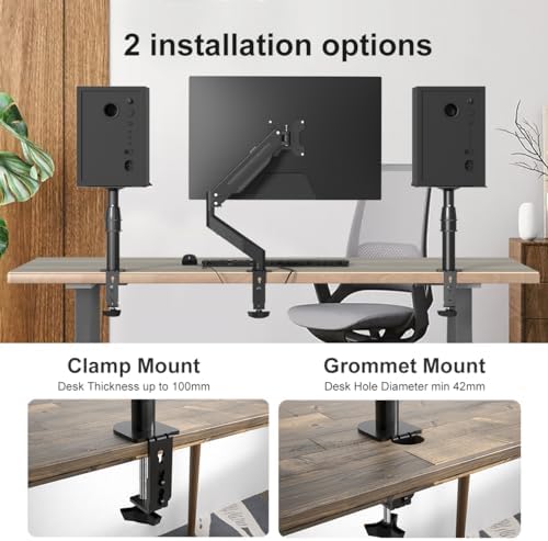 suptek Clamp-on Speaker Stand Desk Mount Set, Height Adjustment, Tilt, Swivel, 9.6 x 8.8 inch Trays, Universal Audio Holders for Computer and Bookshelf Speakers, Elevated Sound, 2 Pack, Black, SDM001B