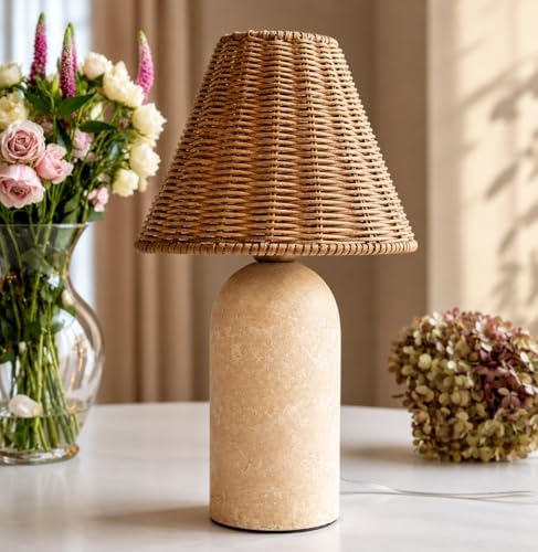 14" Small Mini Wicker Table Lamp – Handmade Ceramic Base with Rattan Shade, Dimmable Nightstand or Accent Light for Nursey, Kitchen Counter, Small Spaces, Bookshelf, Nightstand – Boho Decor
