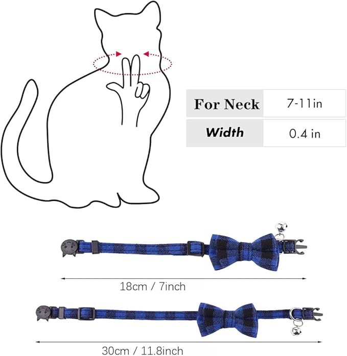 Breakaway Cat Collar with Bell and Bow, 2-Pack Plaid Kitten Collar with Bell, Bowtie Puppy Collars for XXS Xs Small Little Pet Tiny Dogs, Red+White
