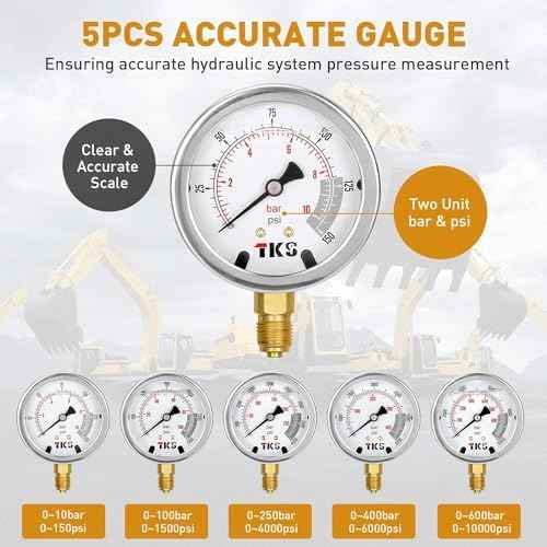 Hydraulic Pressure Test Kit, 600bar /10000psi / 60Mpa 5 Gauges 13 Test Couplings 14 Tee Connectors 5 Test Hoses, Hydraulic Test Gauge kit for Excavator Construction Machinery (5 Gauges)
