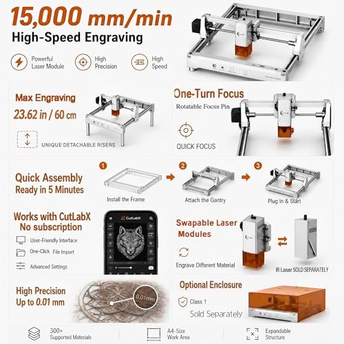 Laser Engraver 12W Laser Engraving Machine for Wood Metal Acrylic Glass Stone, DIY CNC Portable Laser Cutter 7.9" x 11.8" (Near A4) Offline Engraving Carverall K15 Pro Silvery, 12000mW, Class 1
