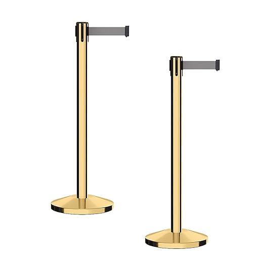 CCW Series RBB-100 - Set of 2 Stanchion Retractable Belt Barriers (9 Foot Belt, Light Grey Belt with Polished Brass Post)