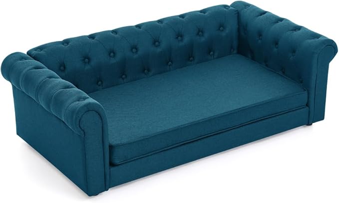 55" Elevated Dog Sofa Couch for Large and Oversized Dogs, Comfortable Linen Fabric Pet Bed with Thick Cushion, Durable Raised Dog Couch with Tufted Armrests, Stylish Modern Pet Furniture