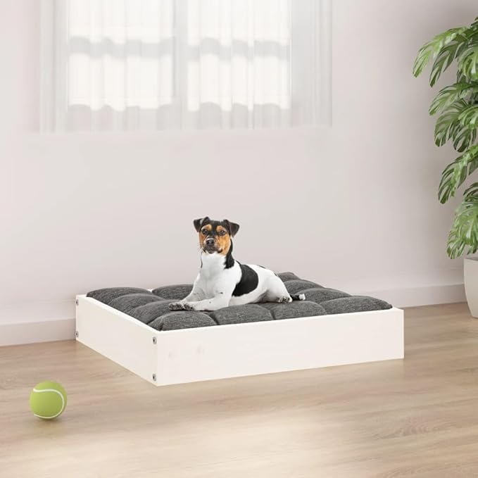 Solid Pine Wood Dog Bed for Small Breeds, Elevated Rectangular Design with Smooth Painted Finish, 4-Piece Set for Indoor Use, Durable and Comfortable Pet Furniture, Easy