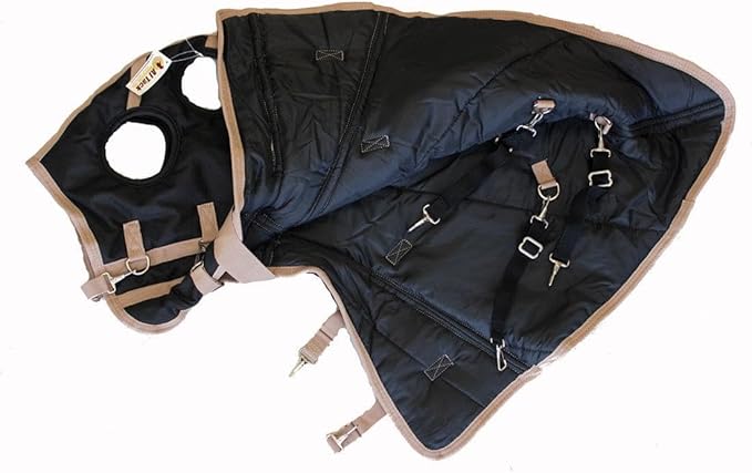 AJ Tack 1200D Waterproof Winter Horse Blanket with Hood - 400g Heavyweight Turnout with Fleece Collar, Shoulder Gussets & Tail Flap - Black 66"