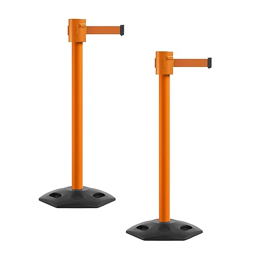 Montour Line MSR760 Set of 2 Retractable Belt Barrier Stanchion, Rubber Base, Orange Post (35 ft Orange Belt)