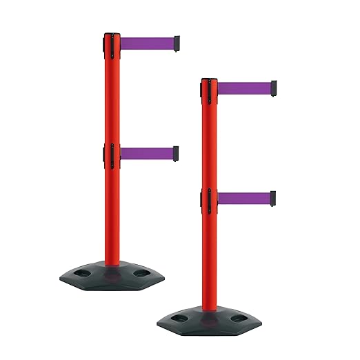 Montour Line MSR630D Set of 2 Retractable Belt Barrier Stanchion, Heavy-Duty Rubber Base, Red Post (11 ft Purple Dual Belt)