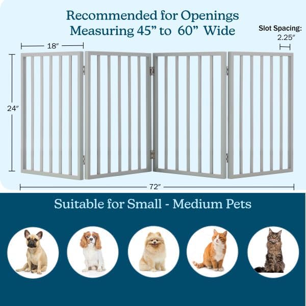 Pet Gate - 4-Panel Indoor Foldable Dog Fence for Stairs, Hallways, or Doorways - 72x24-Inch Retractable Wood Freestanding Dog Gates by PETMAKER (Gray)