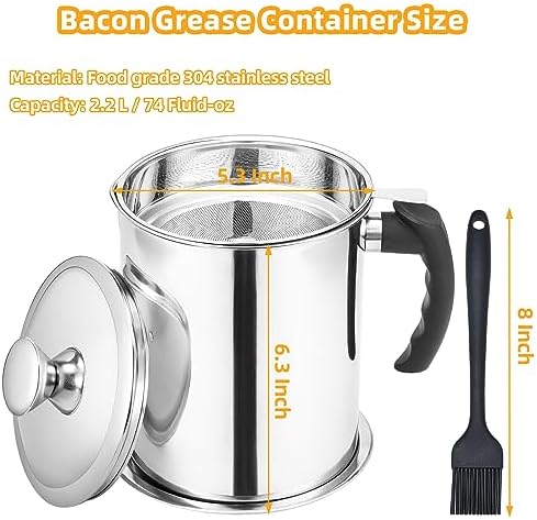 Kaemi 2.2L / 74OZ Bacon Grease Container With Strainer, Bacon Grease Keeper,Oil Storage Container for Kitchen,Filtered Oil Jug With Lid and Easy Grip Handle for Storing Meat Frying and Cooking Oil