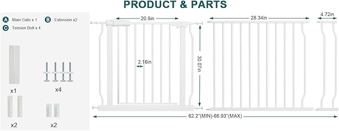 Extra Wide Baby Gate Tension Indoor Safety Gates White Metal Large Pressure Mounted Pet Gate Walk Through Long Safety Dog Gate for The House Doorways Stairs (62.2"-66.93"/158-170CM, White)