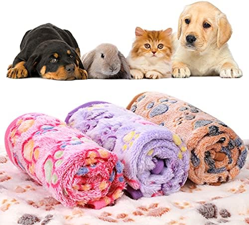 Tatuo 4 Pcs Dog Blanket for Pet Cat Blankets Indoor Puppy Teething Stuff Toys Paw Print Fleece Soft Blanket Sleep Mat for Guinea Pig Cage(White, Coffee, Pink, Purple,X-Large(41 x 30 Inch),Square)