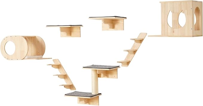 VEVOR Wall Mounted Cat Shelves and Perches with Jumping Boards, Cat Beds, Hammocks & Tree, Up to 40 lbs for Sleeping, Playing, Climbing - Set of 7