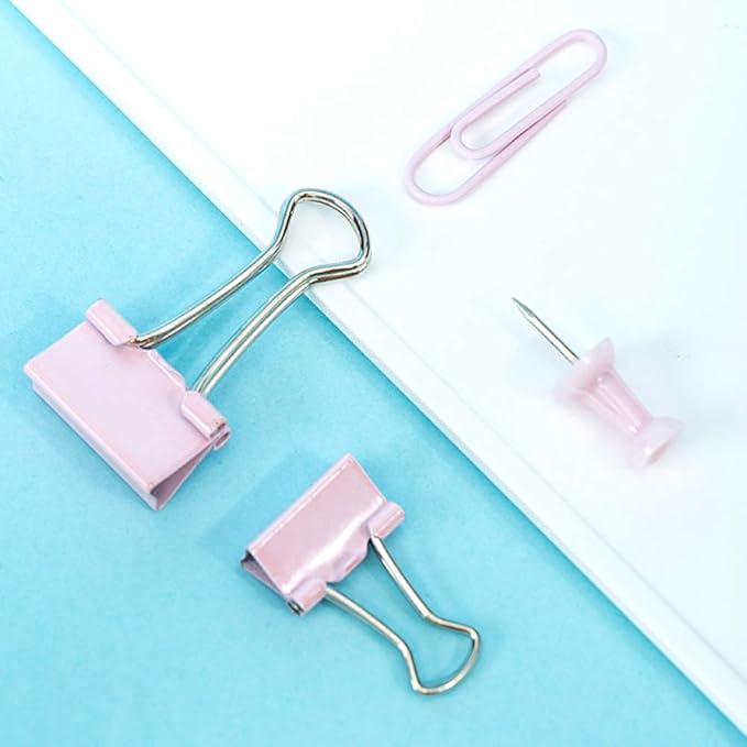 Paper Clips and Binder Clips Set, Metal Assorted Sized Binders with Push Pins, Cute Office Supplies for Desk, Desk Accessories (Pink)