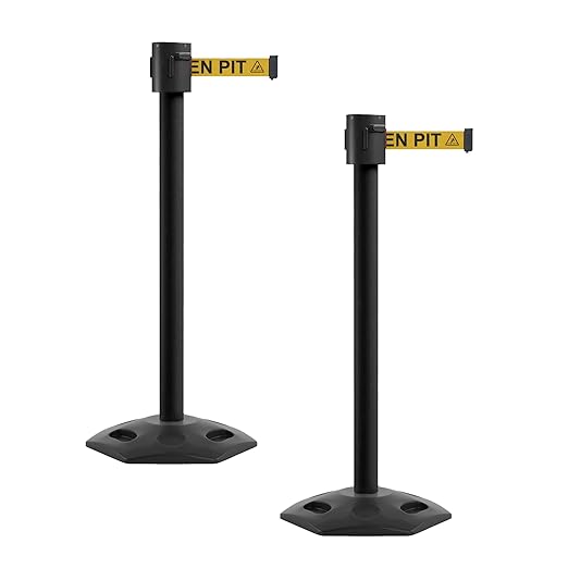 Montour Line MSR760 Set of 2 Retractable Belt Barrier Stanchion, Rubber Base, Black Powder Coated Post (35 ft Yellow with"Beware Open Pit" Black Letter Open Pit Logo Belt)