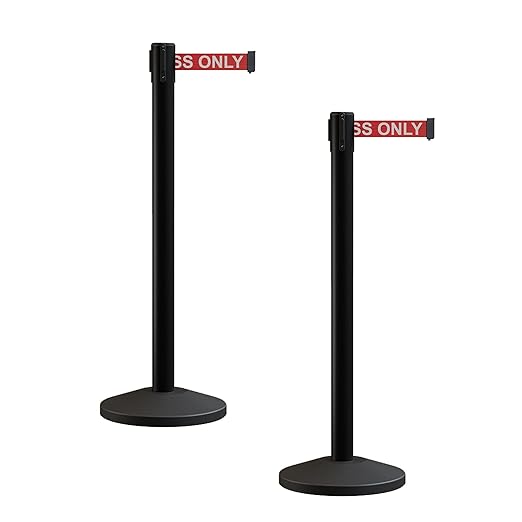 Crowd Control Warehouse CCW Series RBB-100 - Set of 2 Stanchion Retractable Belt Barriers - 9 Foot, Red"Authorized Access ONLY" White Letters Belt with Black Post - Easy Assembly
