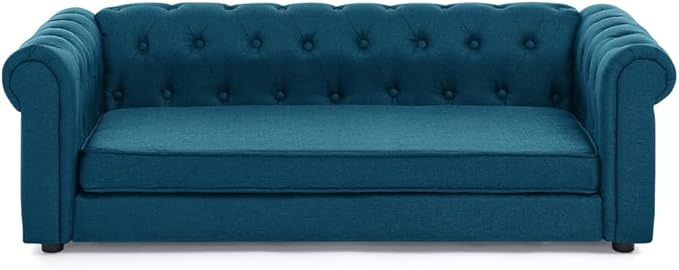 55" Elevated Dog Sofa Couch for Large and Oversized Dogs, Comfortable Linen Fabric Pet Bed with Thick Cushion, Durable Raised Dog Couch with Tufted Armrests, Stylish Modern Pet Furniture