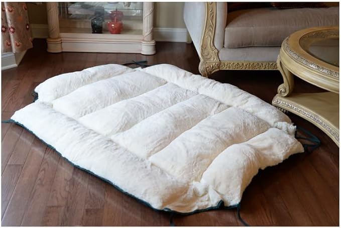 Dog Bed & Mat - Heavy Duty Canvas & Plush Cushion - Polyfill Comfort - Laurel Green & Ivory