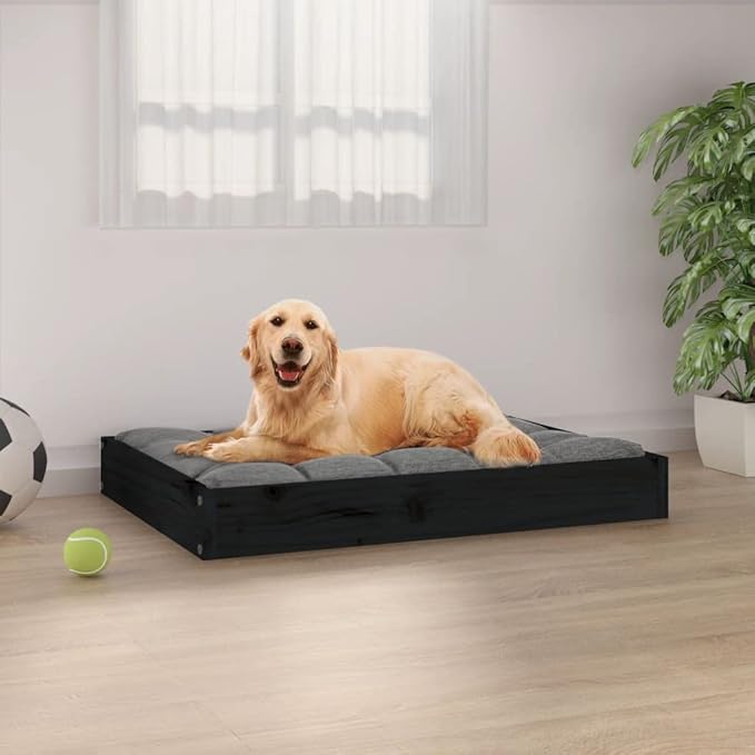 Modern Minimalist Dog Bed, Solid Pine Wood Elevated Pet Platform for Medium Dogs, Rustic Black Frame, 28.1 x 21.3 x 3.5 Inch Durable Pet Furniture