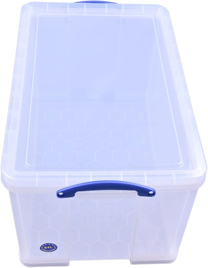 Really Useful Box 84 Liters Storage Container with Snap Lid and Clip Lock Handle for Lidded Home and Item Storage Bins, 2 Pack, Clear