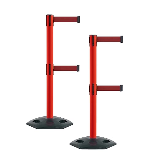 Montour Line MSR630D Set of 2 Retractable Belt Barrier Stanchion, Heavy-Duty Rubber Base, Red Post (13 ft Maroon Dual Belt)
