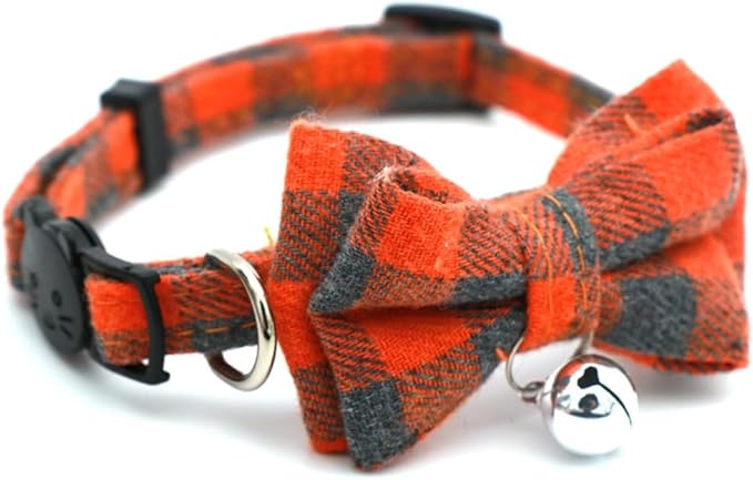 Orange Plaid Bow Cat Collar with Bell, Breakaway Kitten Bell Collar with Bowtie Christmas Dog Collars Boy for XXS Xs Small Tiny Little Pet Dogs Girl Kitten, for Hoilday Birthday Party