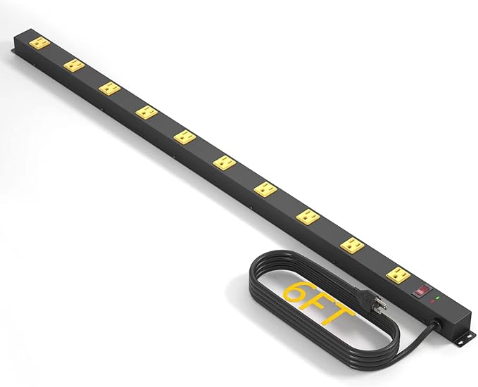 10 Outlet Long Power Strip Surge Protector, Heavy Duty Industrial Metal Power Strip 6 Feet, Wall Mountable, for Work Bench, Shop, Garage, Black (1000 Joules)
