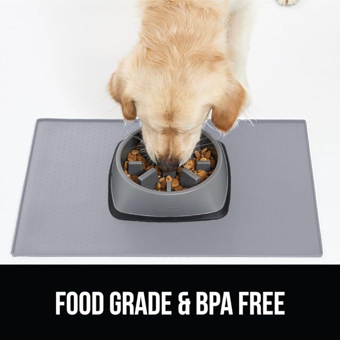 GORILLA GRIP 100% Waterproof Raised Edge BPA Free Silicone Pet Feeding Mat, Dog Cat Food Mats Contain Spills Protects Floors, Placemats for Cats, Dogs Water Bowl, Pets Accessories 28x18 Light Gray