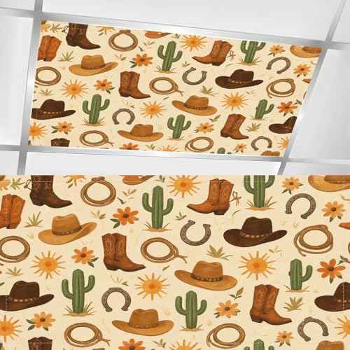 6-Pack Fluorescent Light Covers for Ceiling Lights Western Desert Cowboy Hats Boots Flowers Magnetic Light Filters Decorative for Classroom Office Hospital Home 4x2 Ft